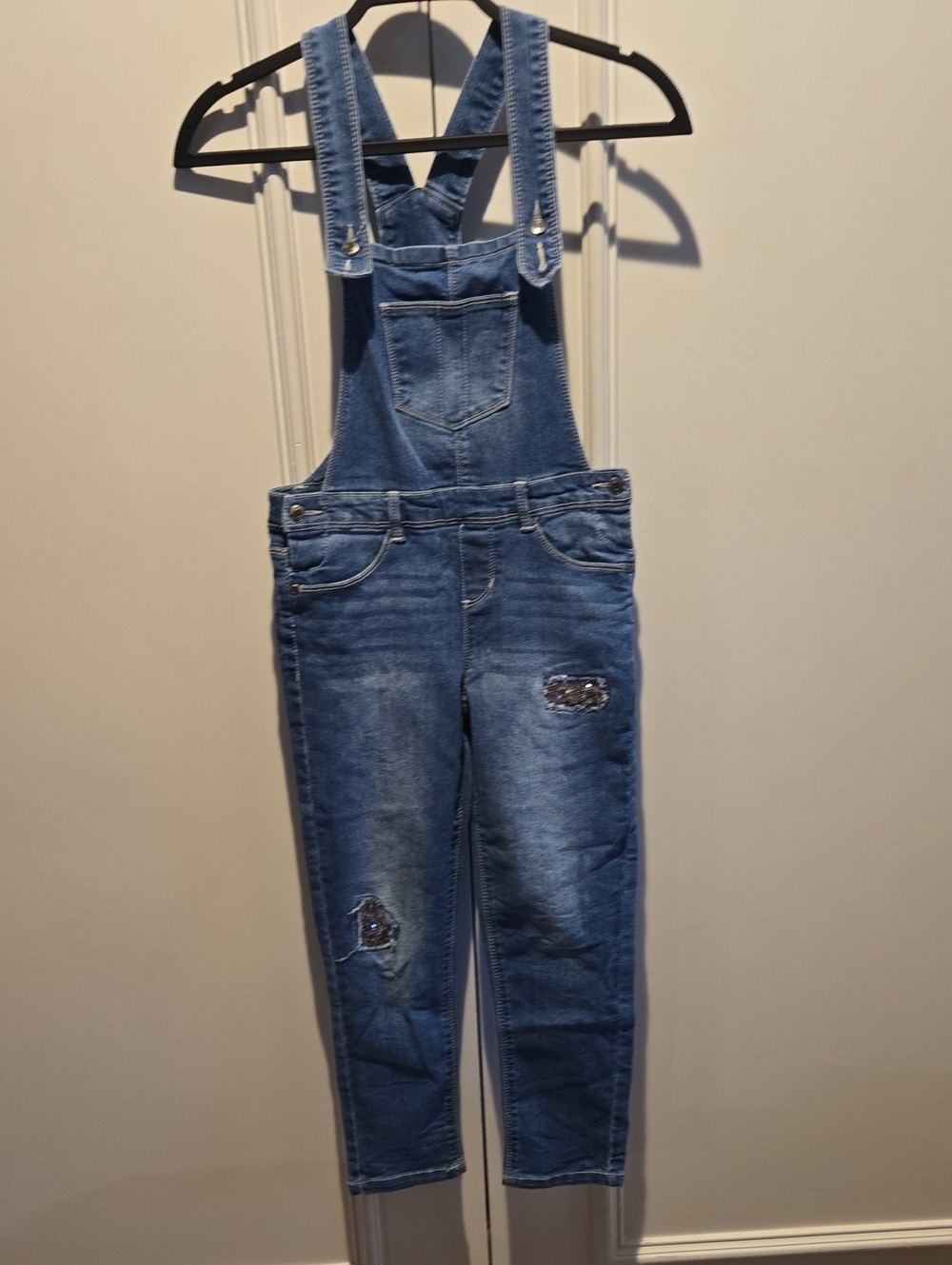 Sonoma Blue Denim Women’s Overalls with Distressed Patch Details